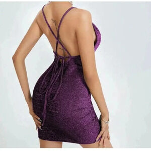 Lush Purple metallic cowl neck bodycon dress SZ XL Festival Party Love Island